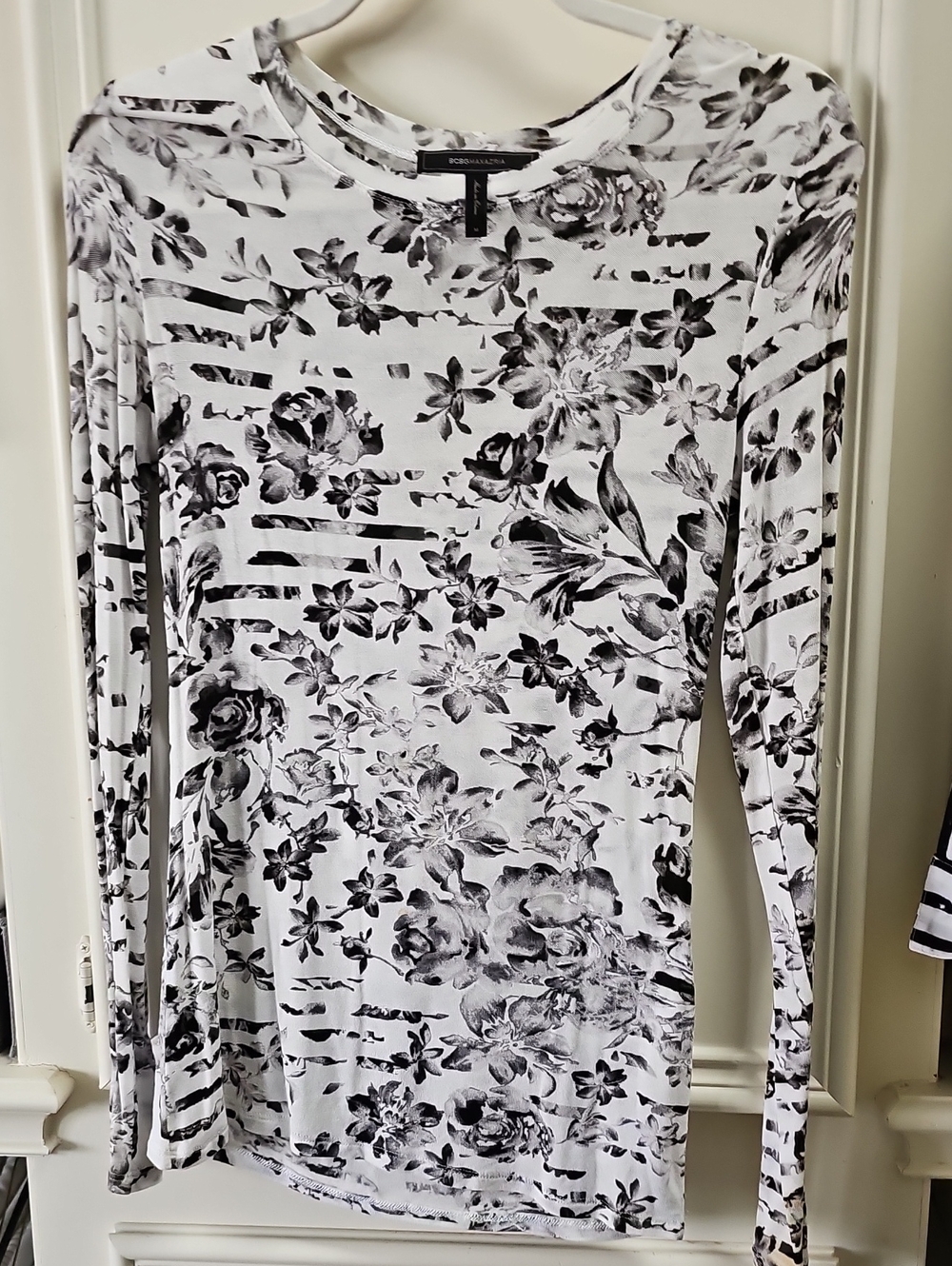 BCBGMaxAzria Black and White Floral Stripe Long-Sleeve Dress